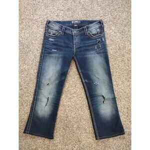 Silver Jeans Frances 18 Flared Capri Women 32x22 Distressed Embroidered Designer